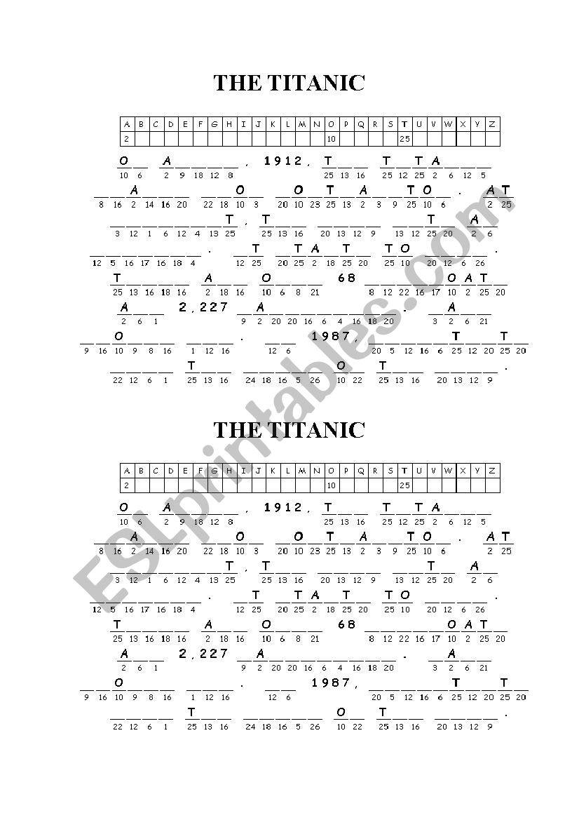 TITANIC - cryptogramme worksheet