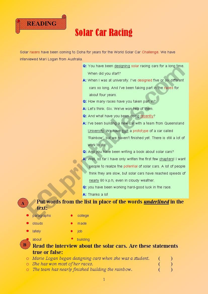 solar cars worksheet