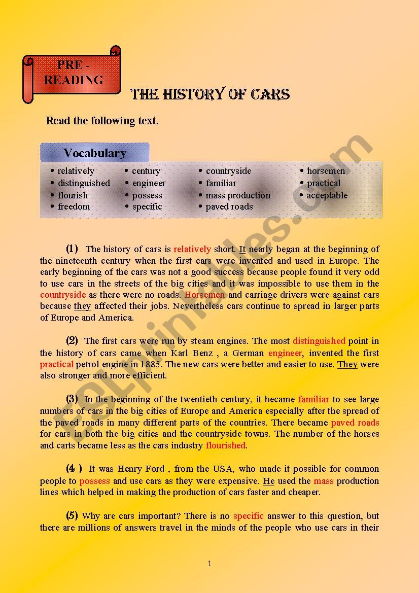 history of cars worksheet
