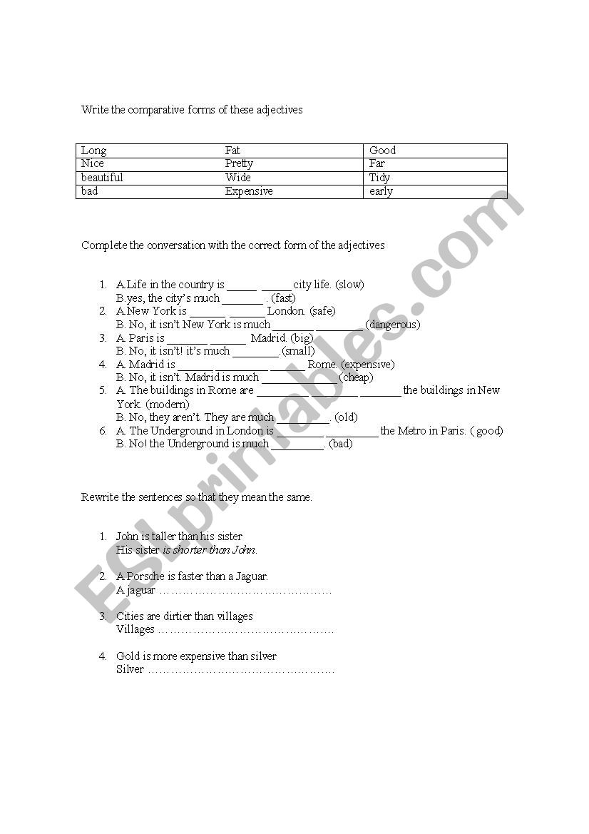 Comparatives and superlatives worksheet