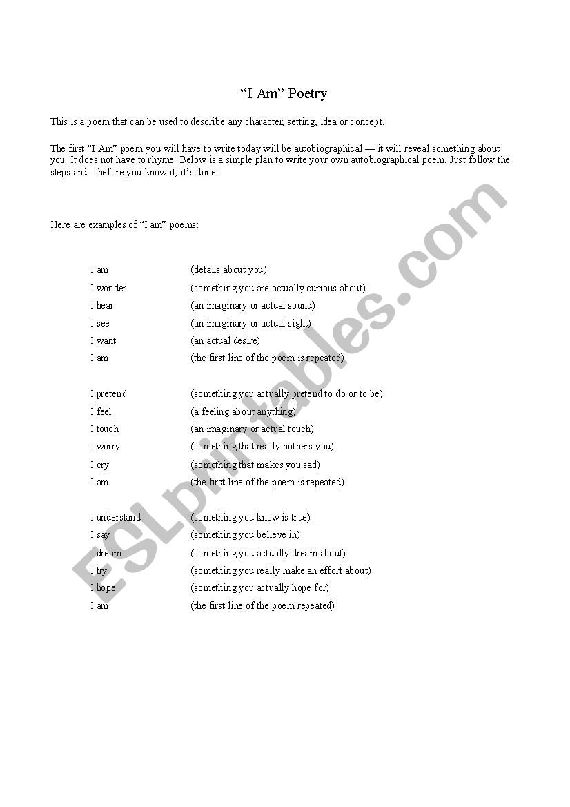 I Am" Poetry - ESL worksheet by Miss Izzy Intended For I Am Poem Worksheet