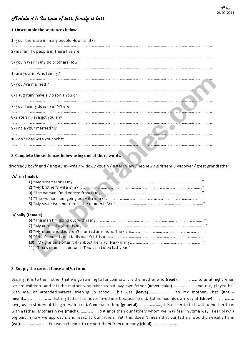 Family relationships worksheet