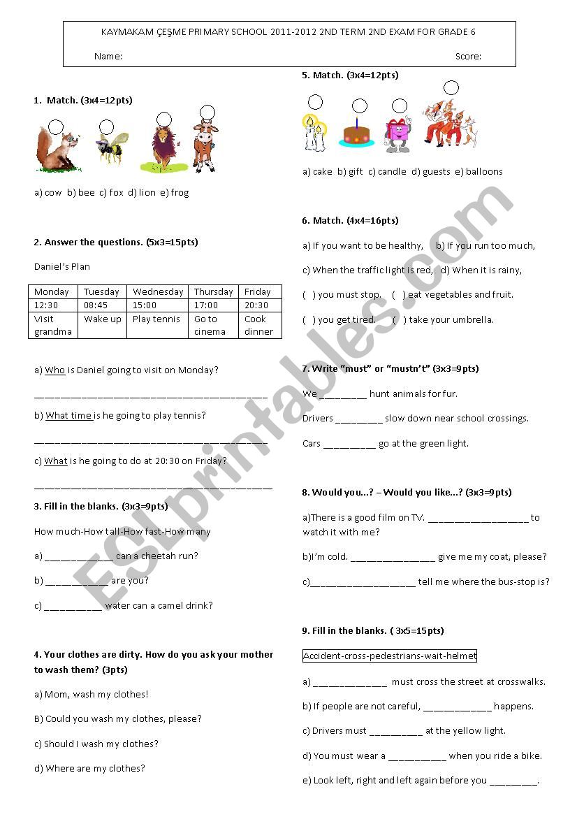 6th grade exam 2nd term worksheet