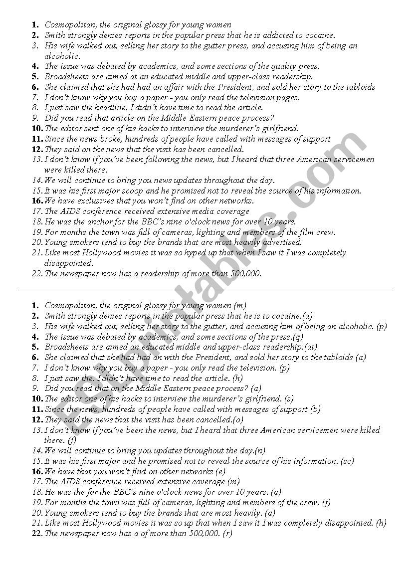 Mass media gap-fill worksheet