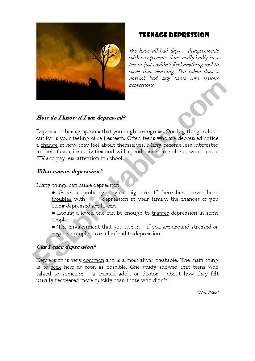 Teenage depression - ESL worksheet by elisoliveira