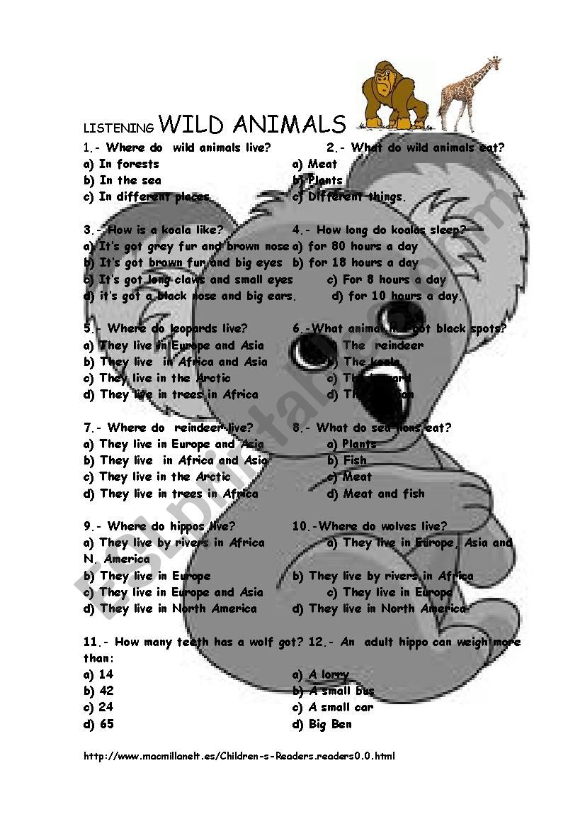 WILD ANIMALS listening worksheet