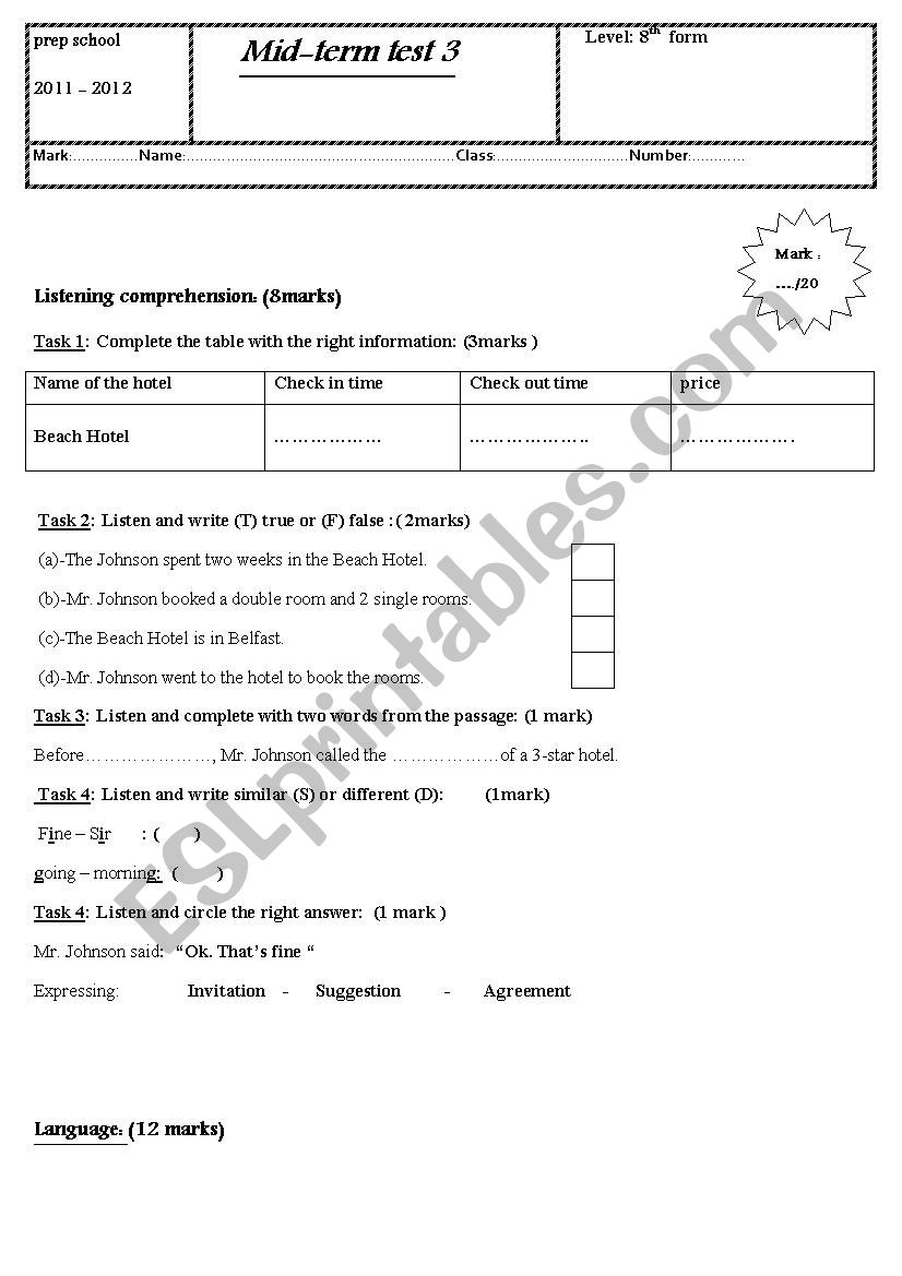 mid-term test 3 (8th form) worksheet