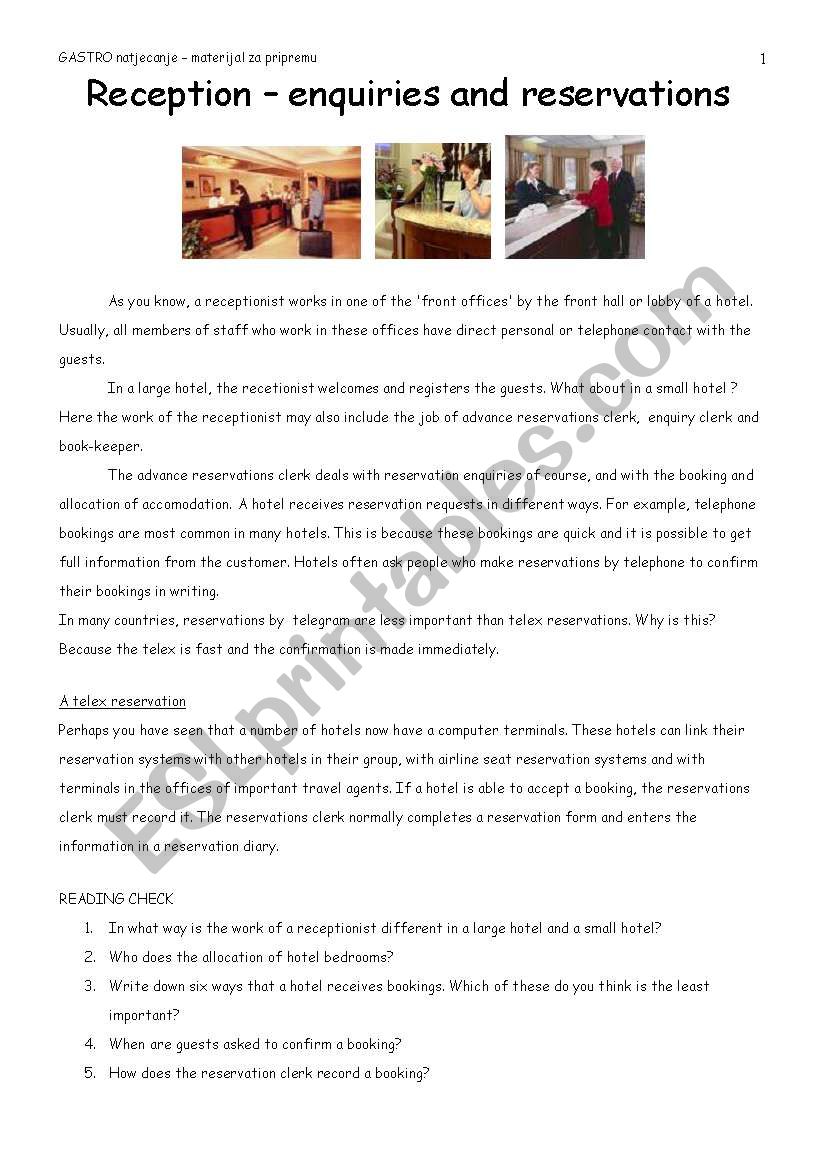 Reception - hotel worksheet