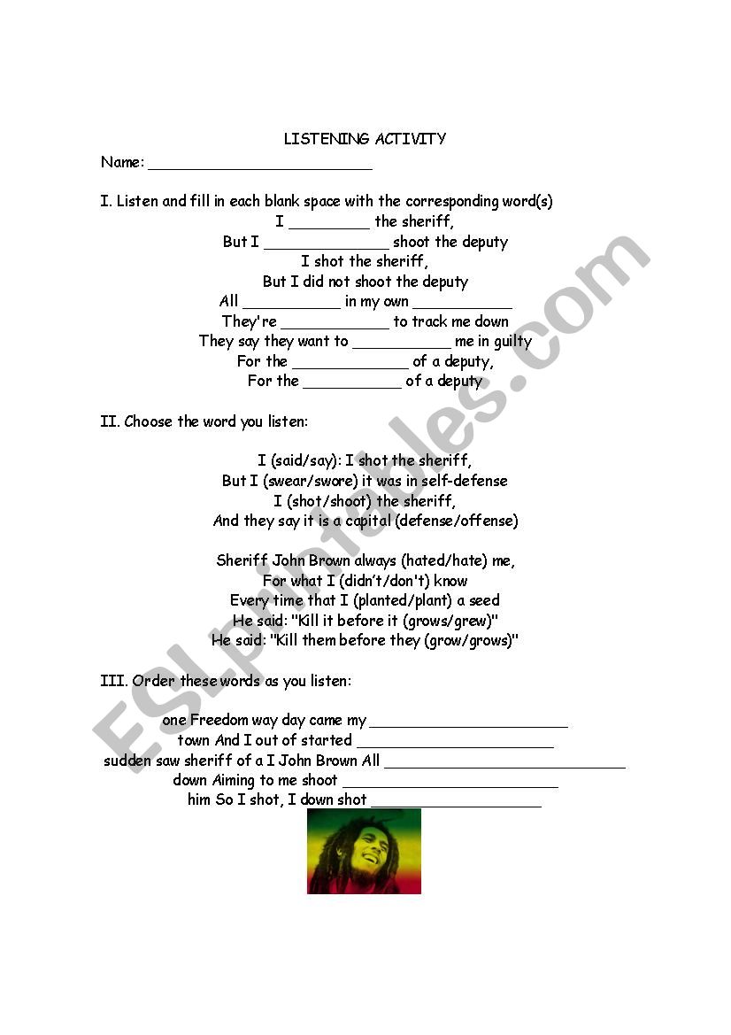 Song I shot the sheriff worksheet