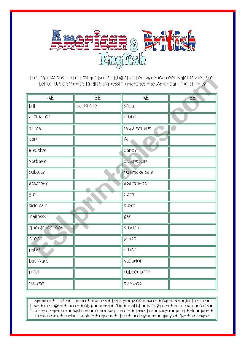 American and British English worksheet