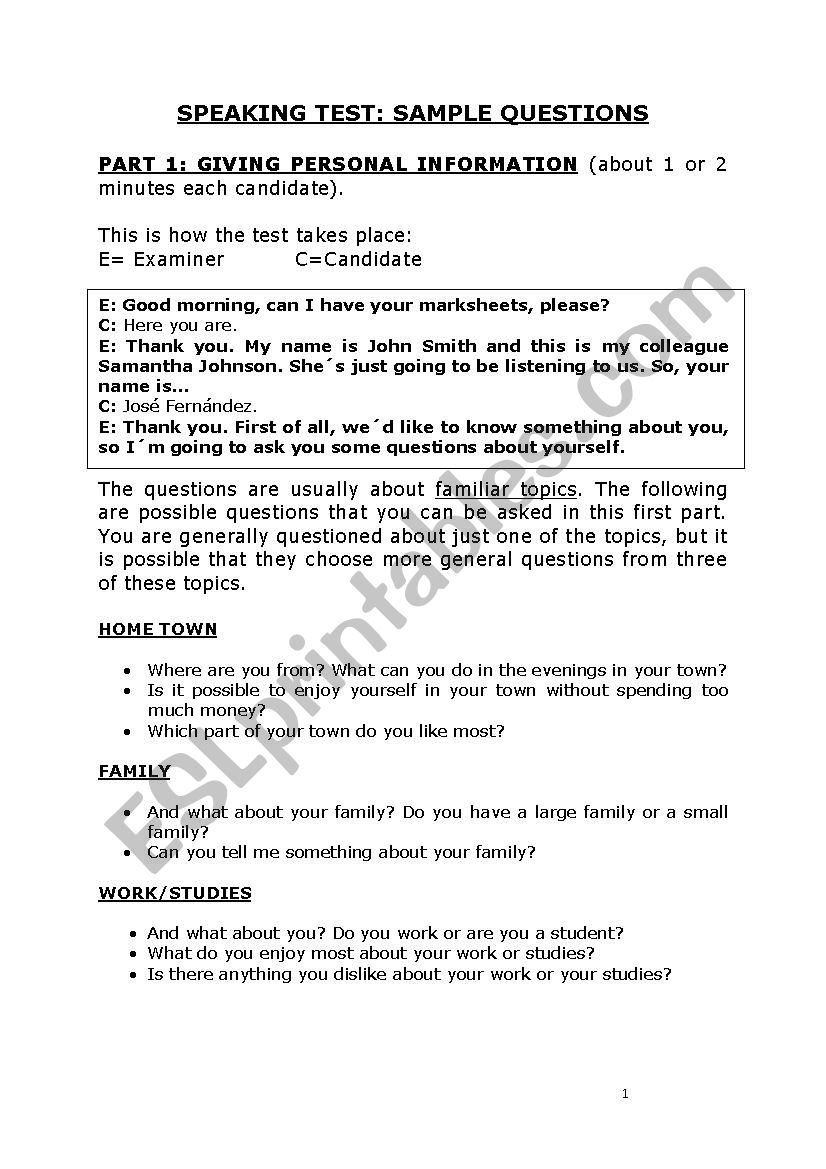 First Certificate Speaking text sample questions