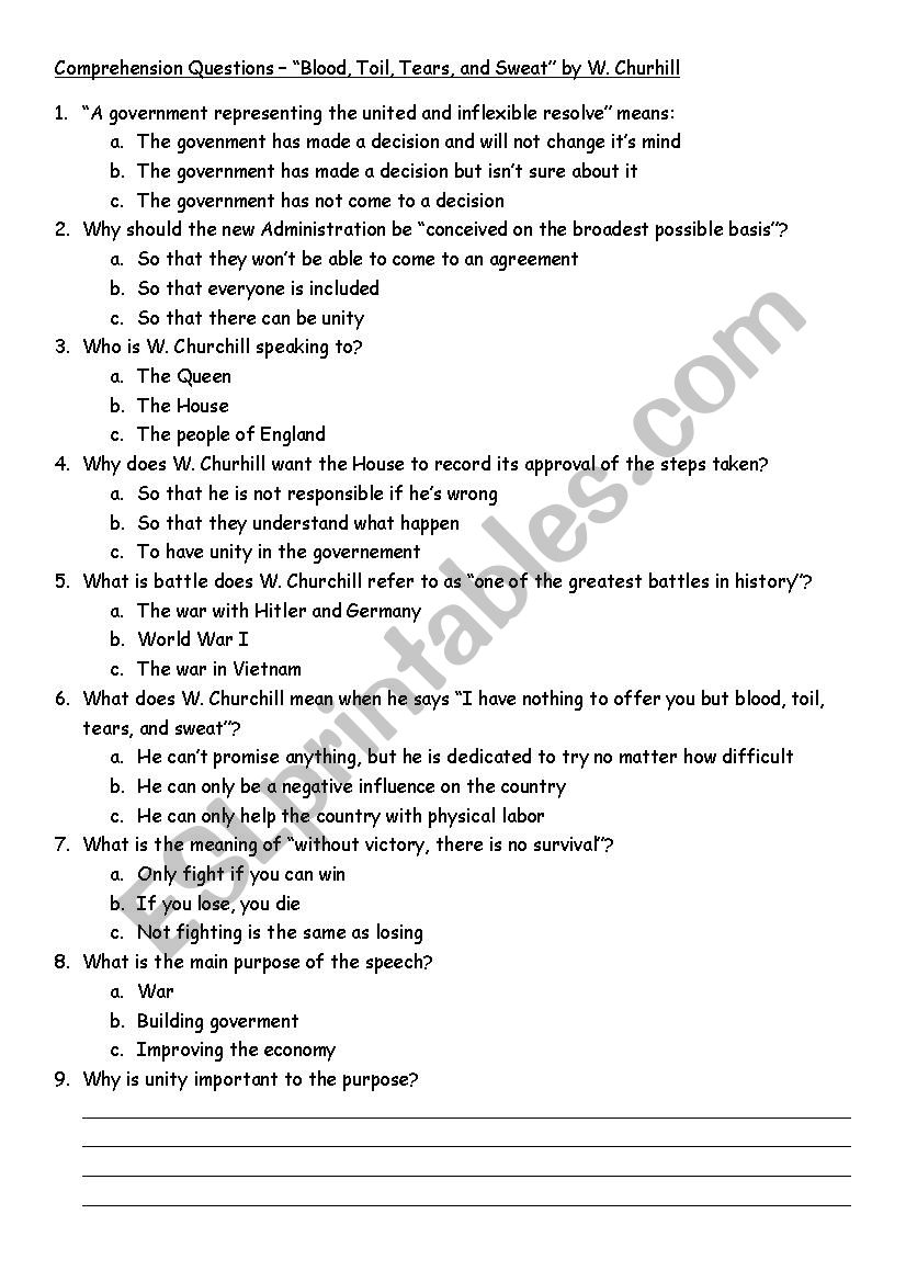 Blood, Toil, Tears, and Sweat Comprehension Questions