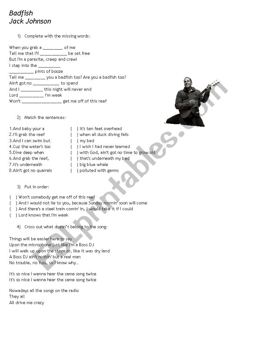 Jack Johnson - Badfish worksheet