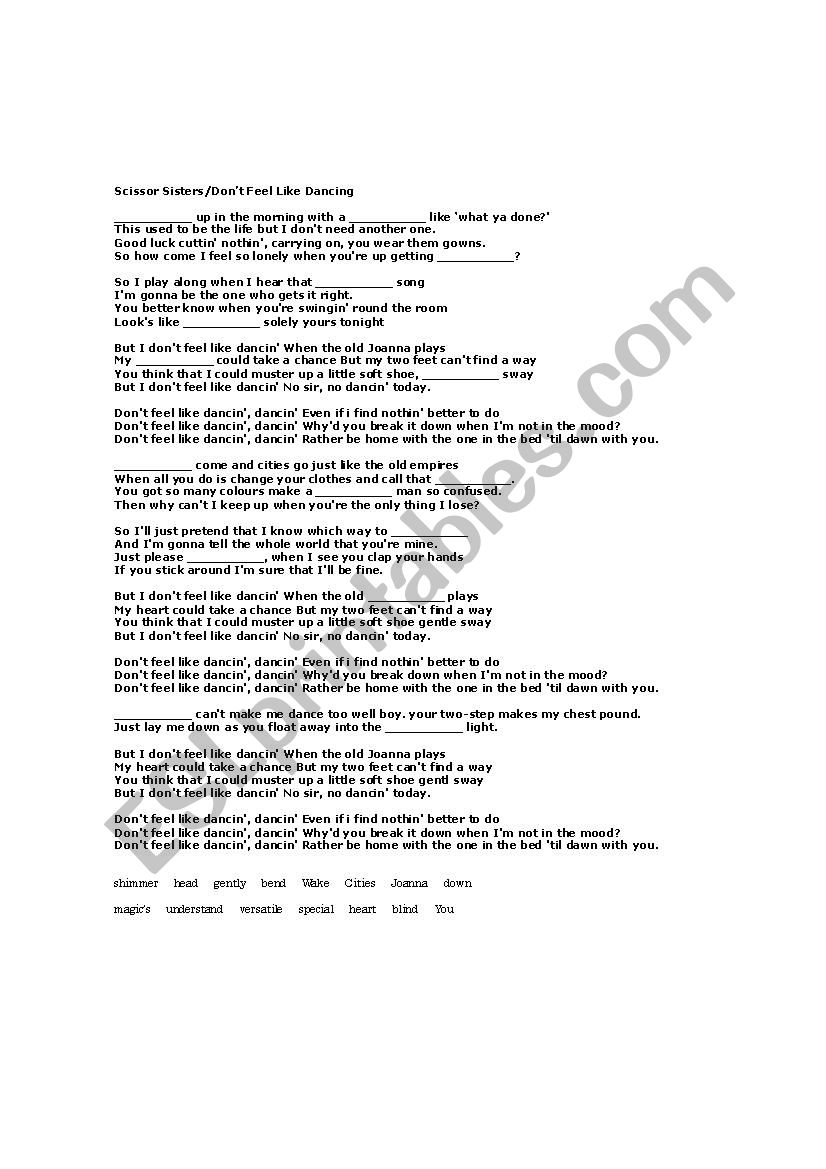 Scissor Sisters/Dont Feel Like Dancing Song Worksheet