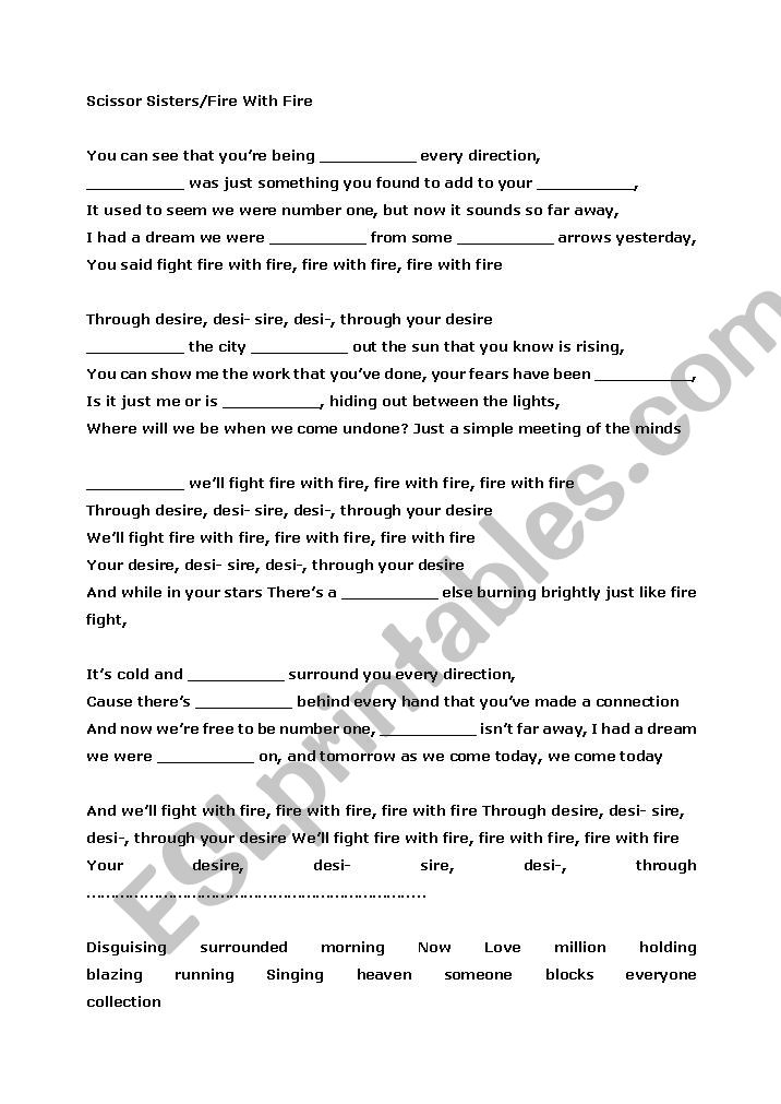 Scissor Sisters/Fire With Fire Song Worksheet