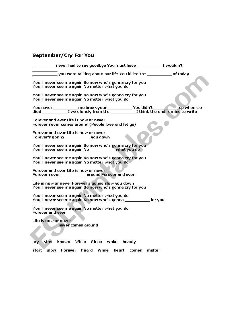 September/Cry For You Song Worksheet