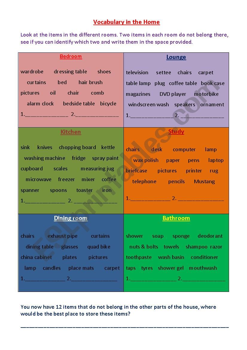   Vocabulary in the Home worksheet