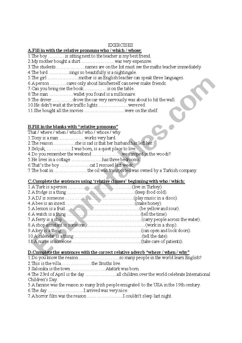 Relative Pronouns worksheet