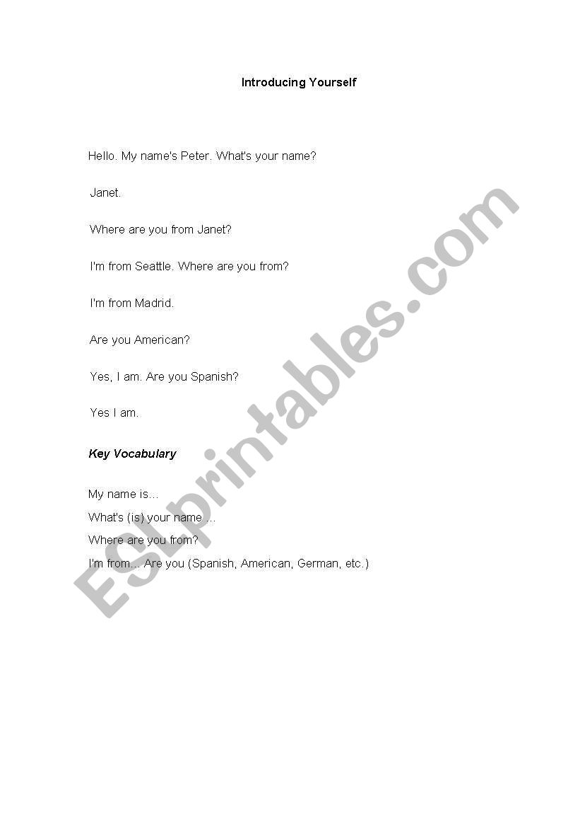 Introducing Yourself worksheet