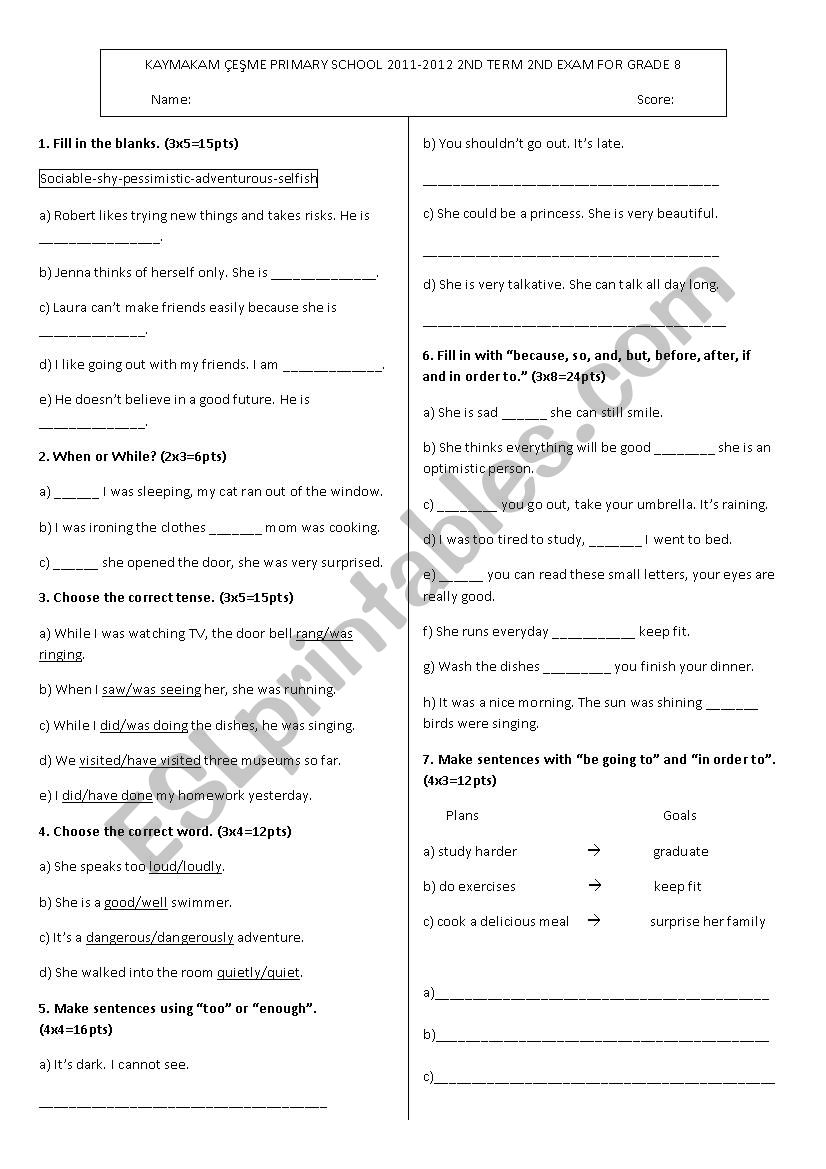 8th grade 2nd term 2nd exam worksheet