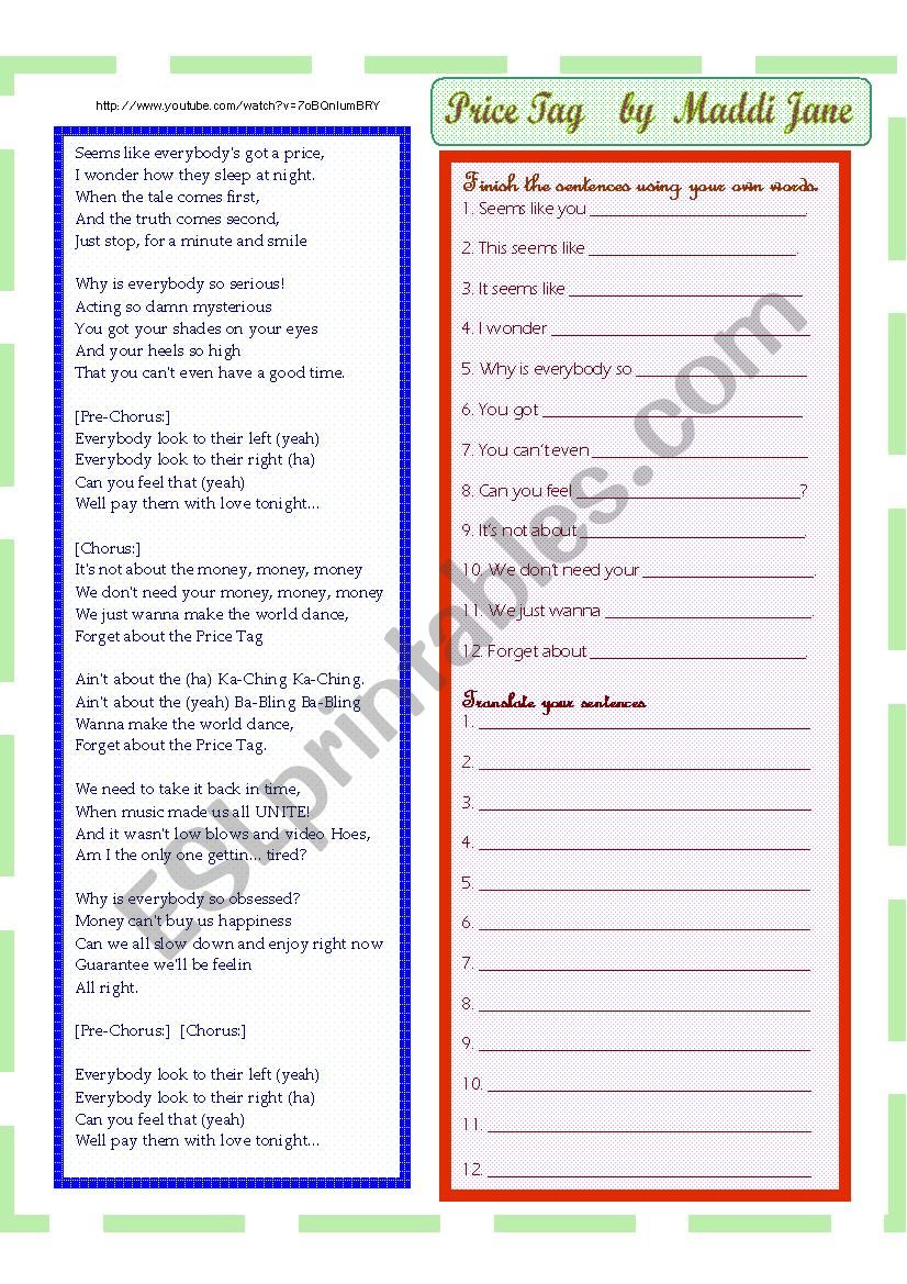 Price Tag - Maddi Jane worksheet