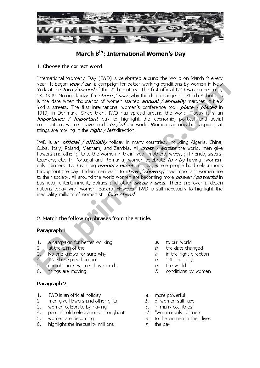 WomenÂ´s Day worksheet