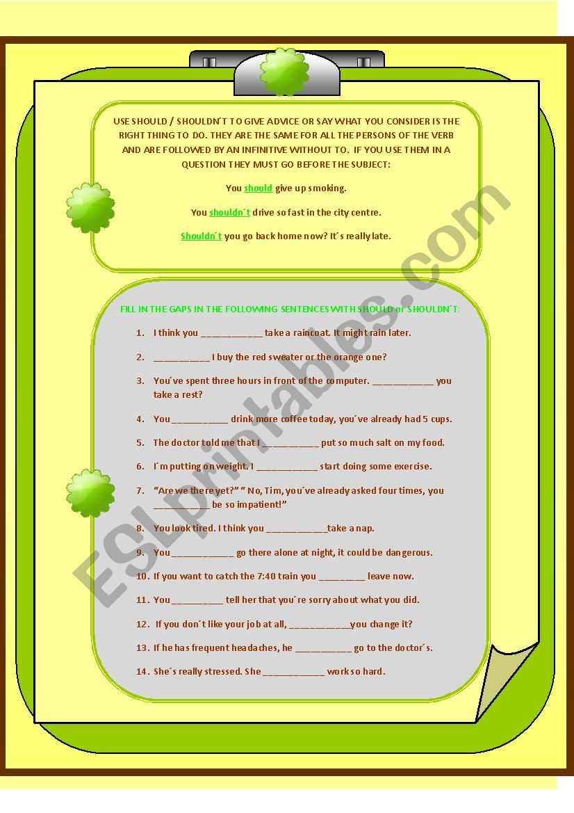 SHOULD / SHOULDNÂ´T worksheet