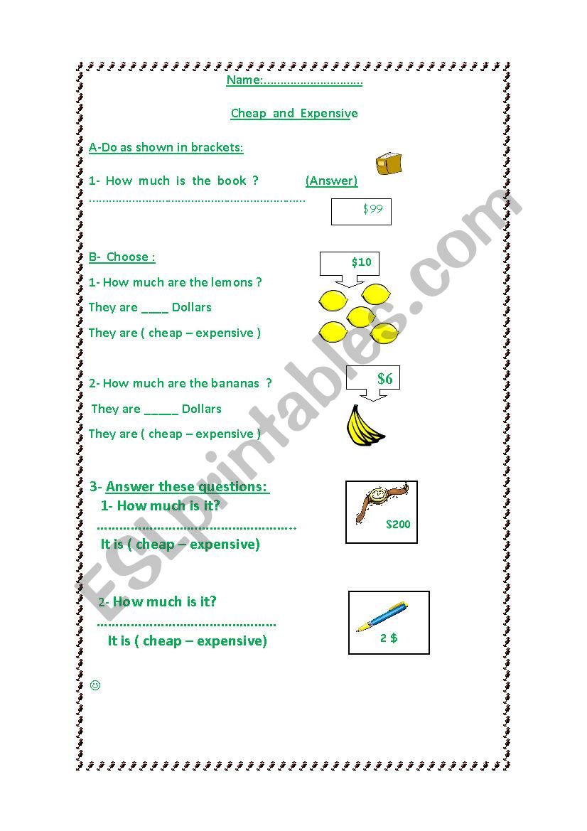 cheap and expensive  worksheet