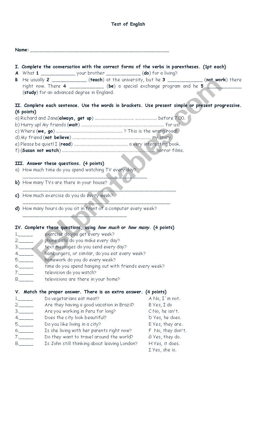 Test of English worksheet