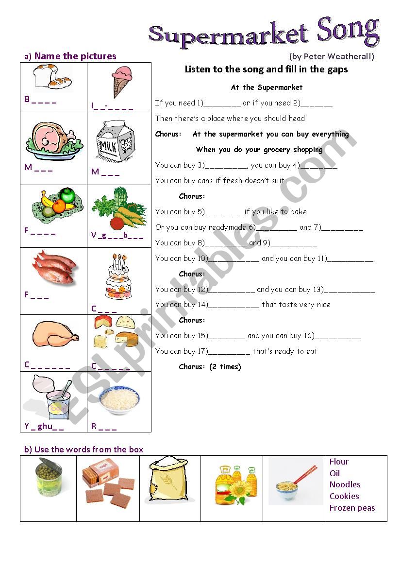 supermarket song worksheet