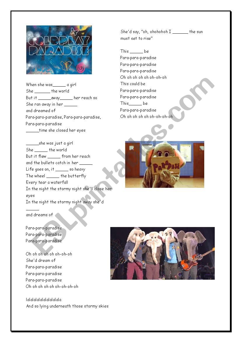 Paradise - Coldplay song and nursery…: English ESL worksheets pdf