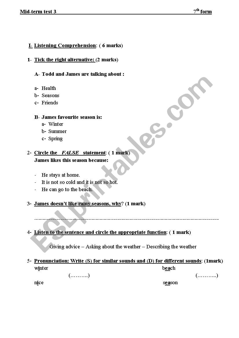 7th form mid term test 3 worksheet