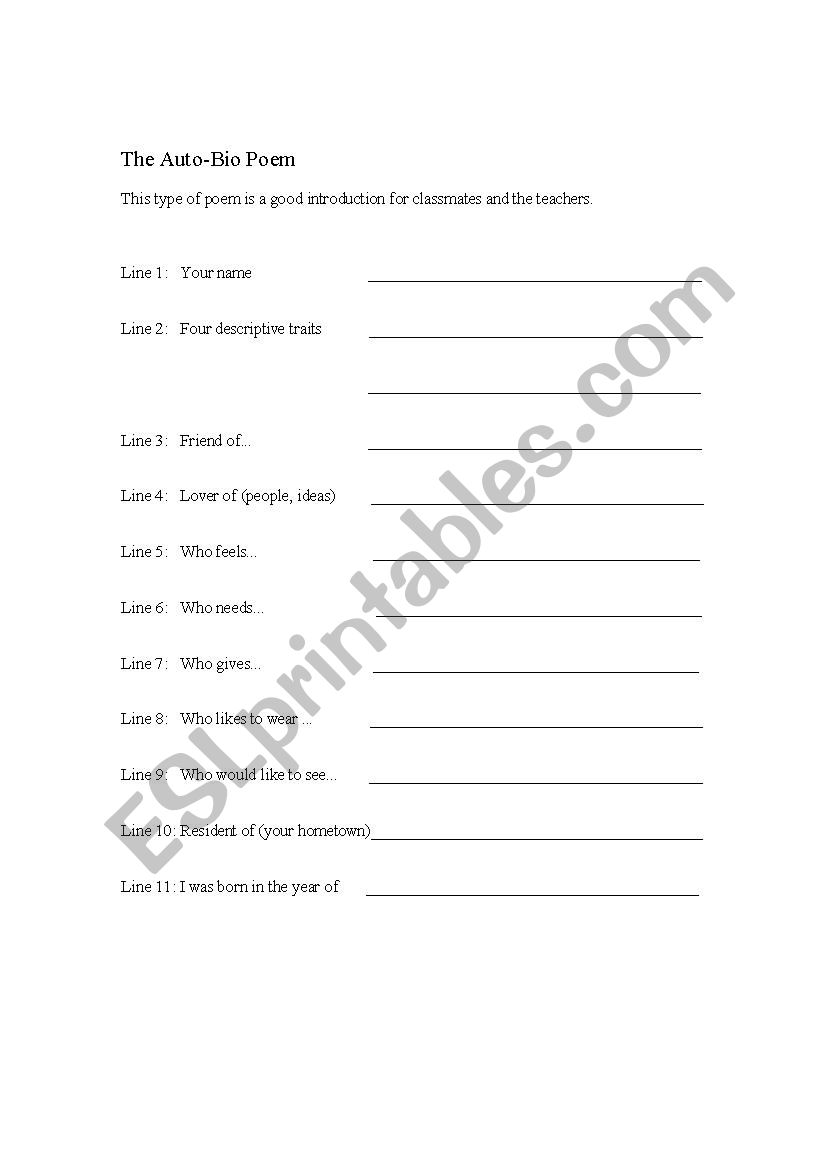 Auto Bio Poem worksheet