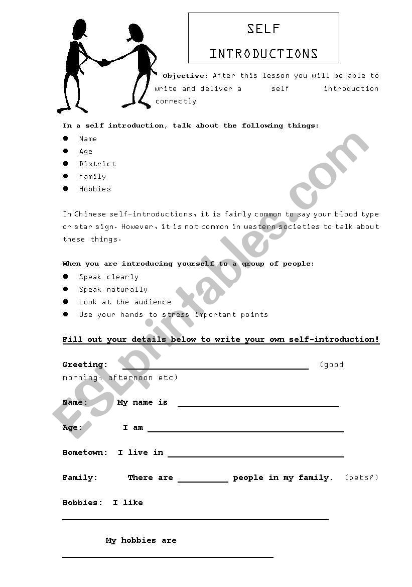 Self Introductions - ESL worksheet