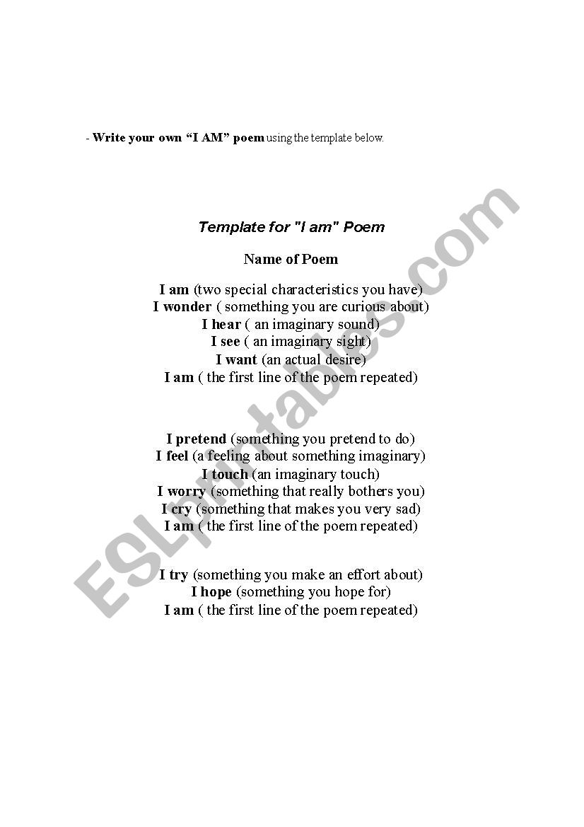 I am Poem worksheet