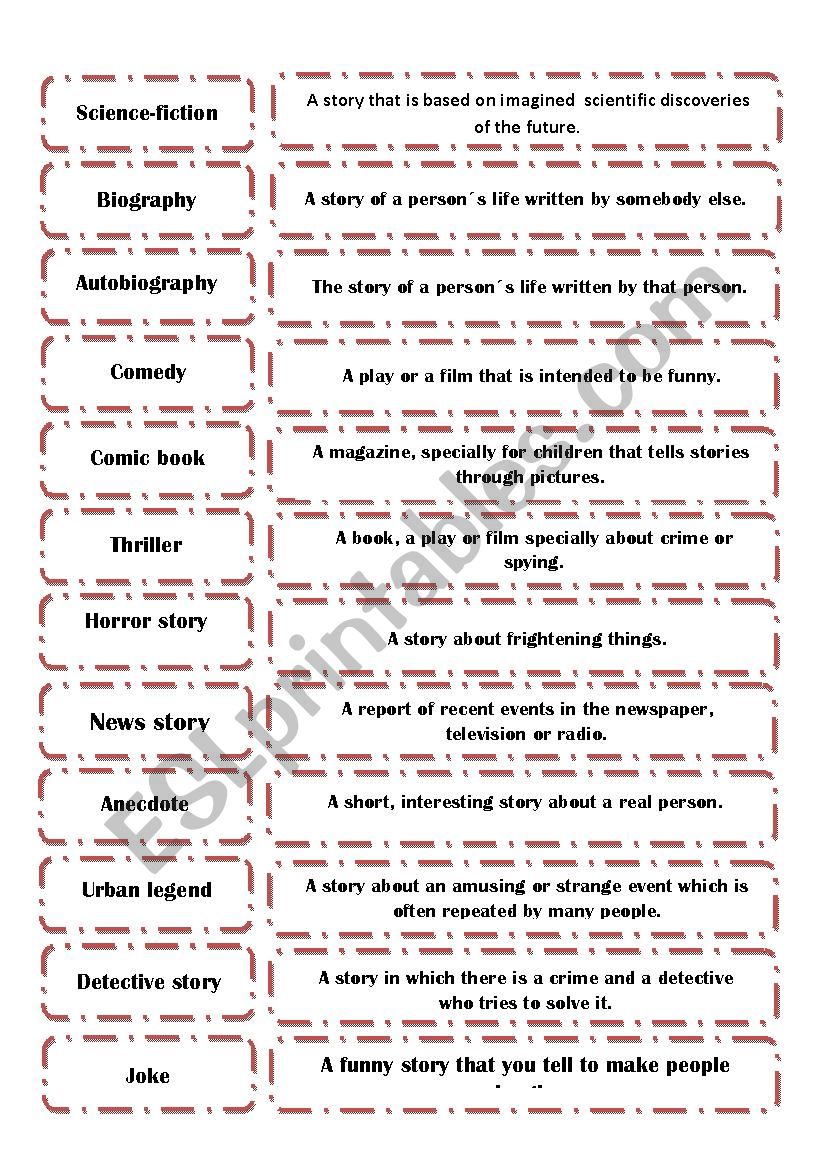 Stories and their definitions worksheet