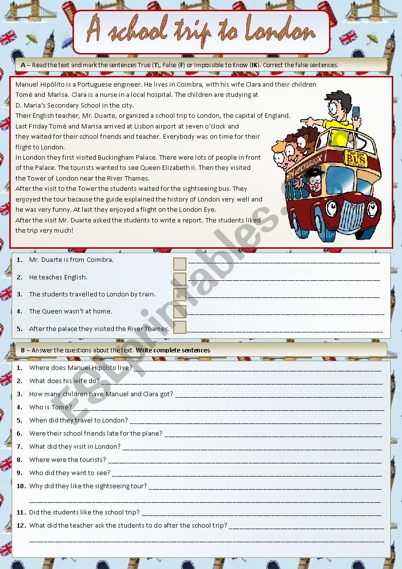 A school trip to London worksheet