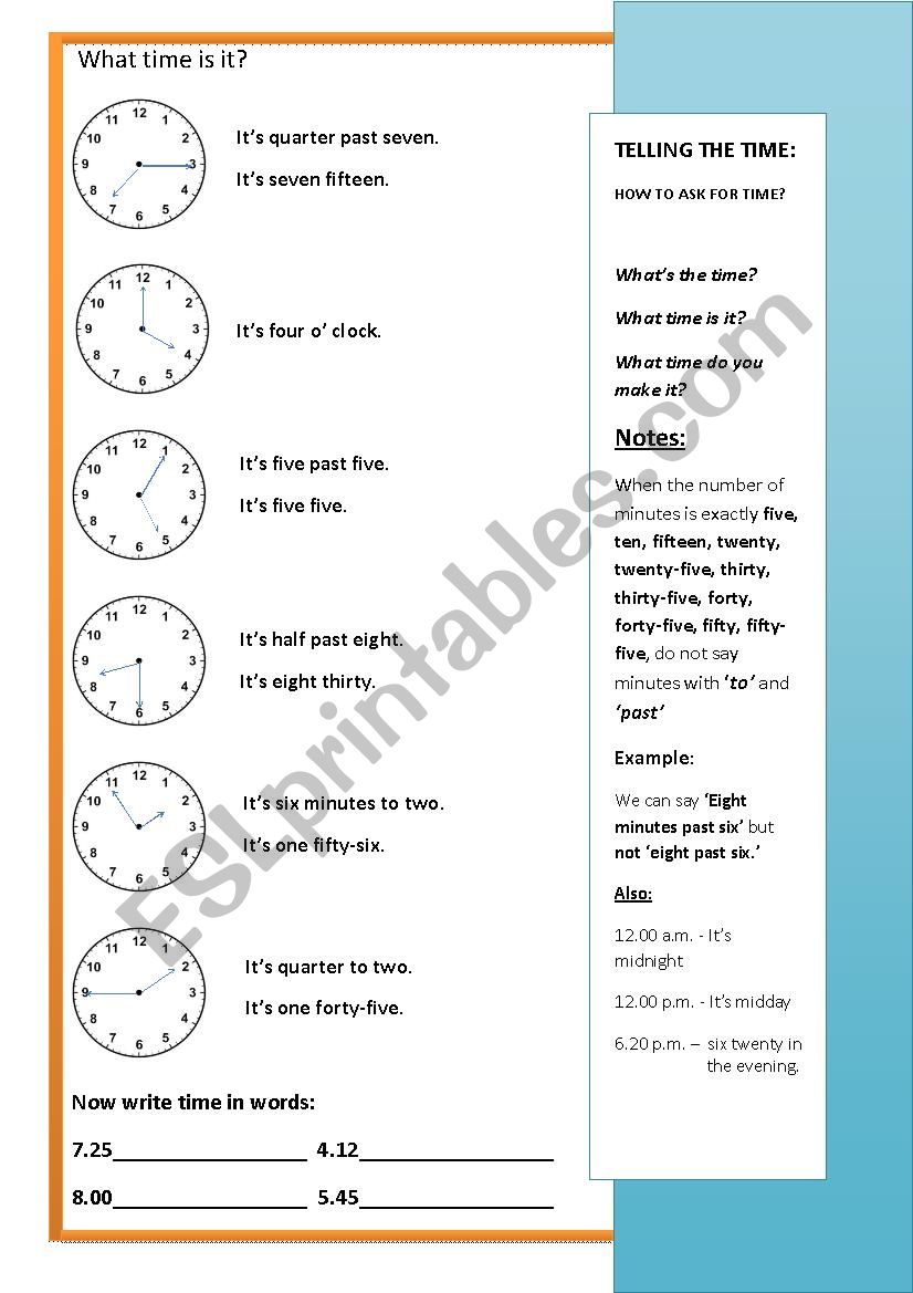 Telling the time worksheet