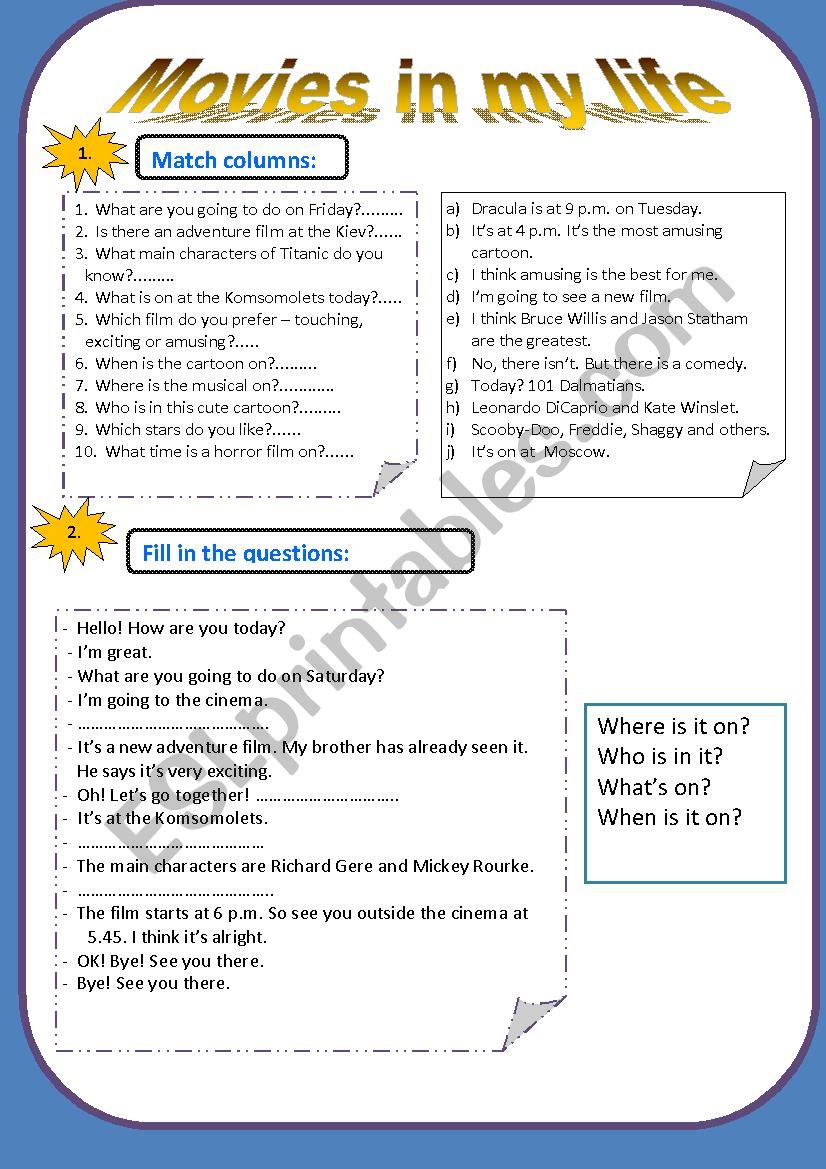 Movies (Questions, dialogue) worksheet