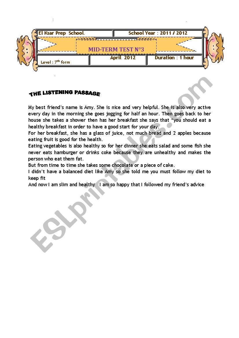 MID-TERM TEST NÂ°3         7th form 