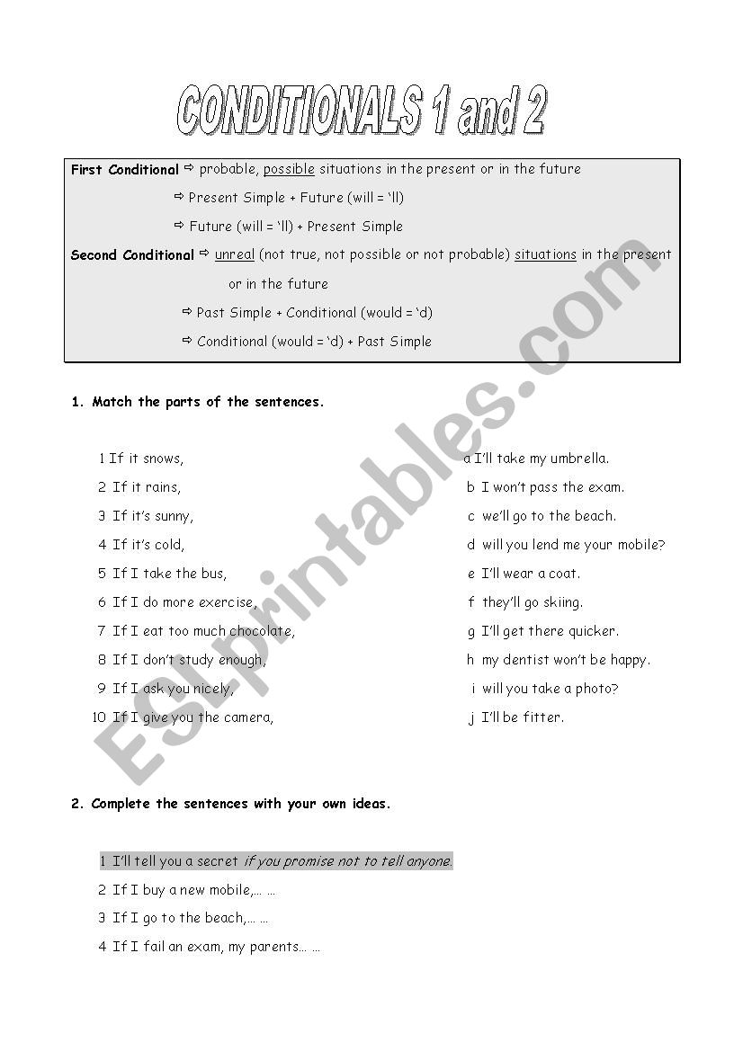 Conditional 1 and 2 worksheet