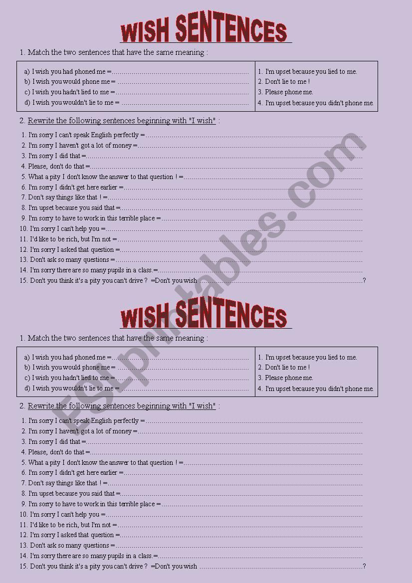 WIsh sentences worksheet