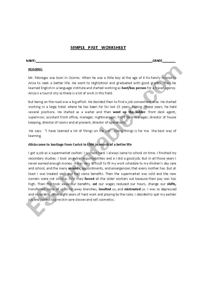 SIMPLE PAST WORKSHEET worksheet