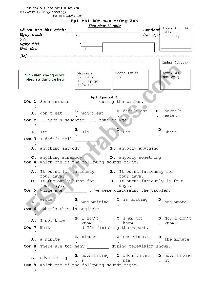 Mau bai thi het mon worksheet