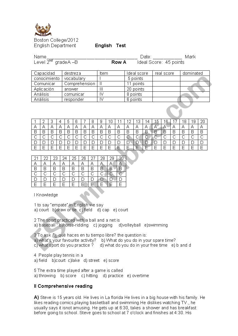 Test  about sports worksheet