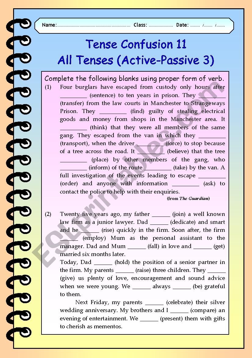 Tense Confusion - 11 All Simple Tenses - (Active - Passive) with KEYS