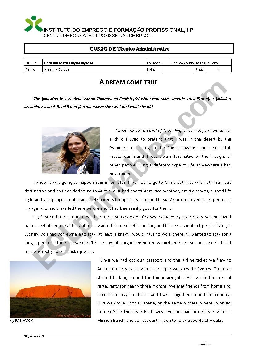 Travelling worksheet