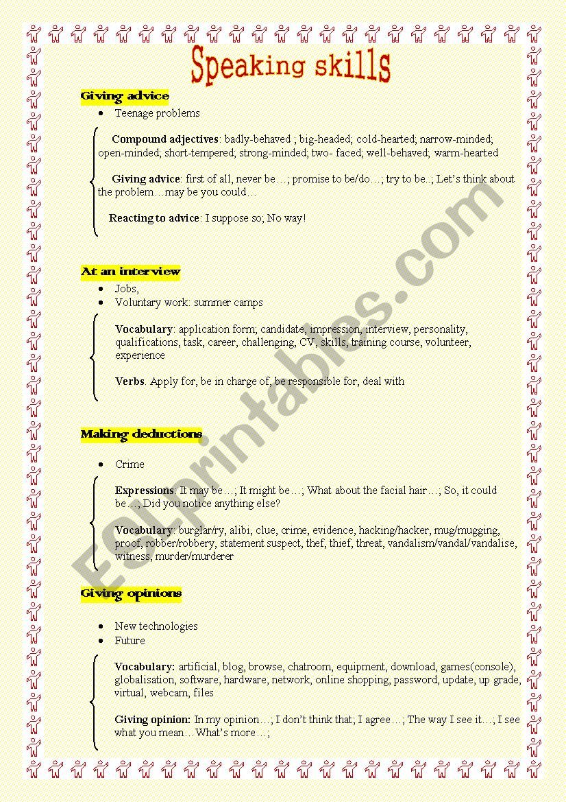 Speaking skills worksheet