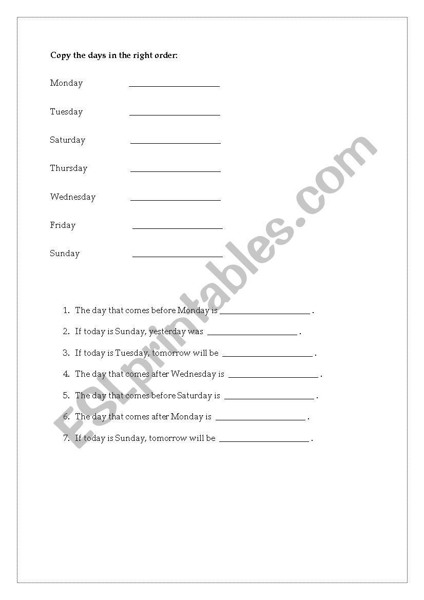 Days of the week worksheet