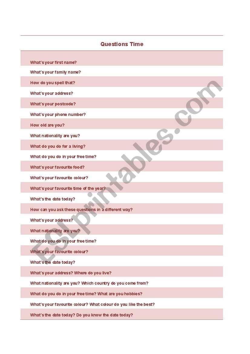 Question Time worksheet